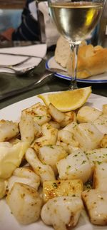 Close-up of food served on table