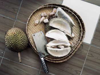 High angle view of fruit in basket on table