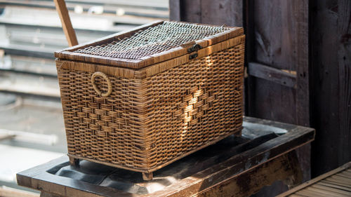 Close-up of wicker basket on table