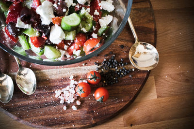 High angle view of fruits in bowl on table