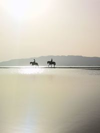 Horseback riding on the beach at sunset
