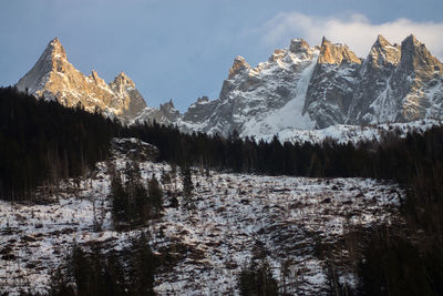 Panoramic view of snowcapped mountains against sky