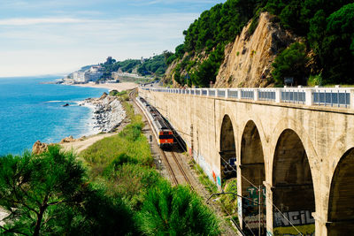 Bridge over river against mountain
