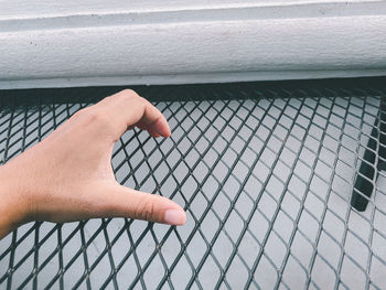 Cropped image of person on metal fence