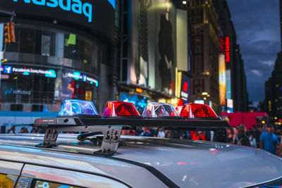 Close-up of police car on street