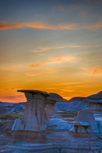 Scenic view of snow covered landscape against sky during sunset