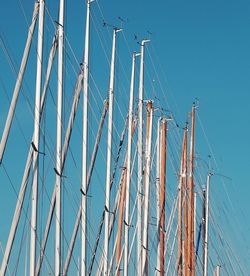 Low angle view of sailboat in building against clear blue sky