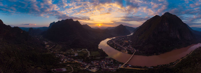 High angle view of mountain during sunset