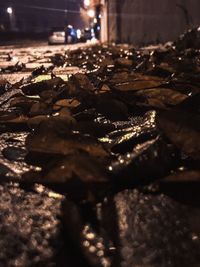 Surface level of cobblestone street at night