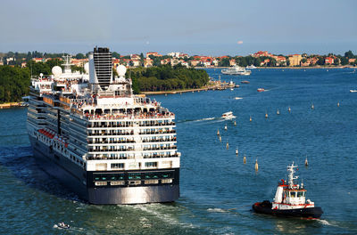 High angle view of cruise ship on sea