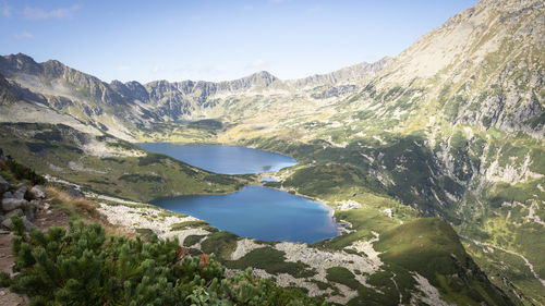 Beautiful alpine valley with mountain peaks, lakes, and some vegetation. poland, europe