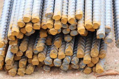 High angle view of metal rods at construction site