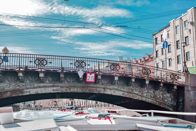 Bridge over canal in city against sky