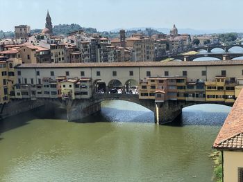 Arch bridge over river against buildings in city