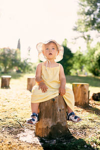 Full length of boy sitting on tree