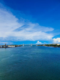 Scenic view of sea against blue sky