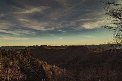 Scenic view of mountains against sky during sunset