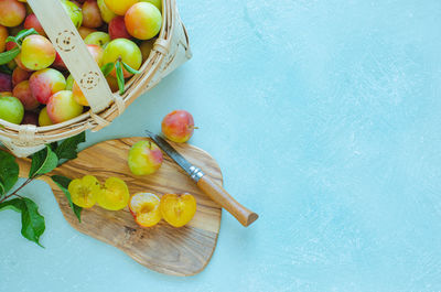 High angle view of fruits in basket on table