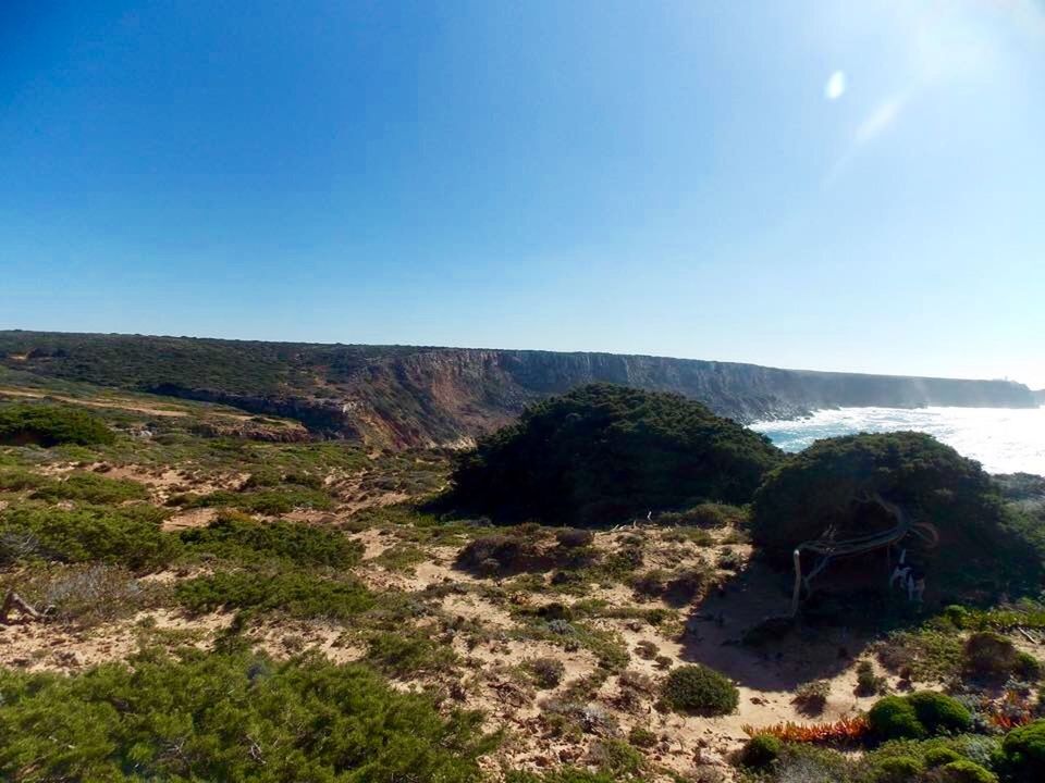 tranquil scene, tranquility, scenics, clear sky, beauty in nature, water, blue, nature, sea, rock - object, rock formation, copy space, sunlight, landscape, non-urban scene, idyllic, rock, horizon over water, sky, cliff