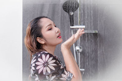 Girl taking a shower.