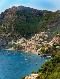 Scenic view of positano, amazing sea and mountains against sky