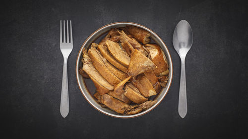 High angle view of bread in bowl on table