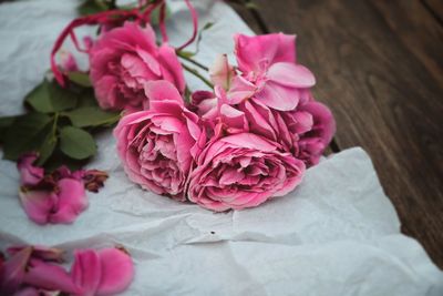 High angle view of pink rose bouquet