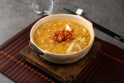 High angle view of soup in bowl on table