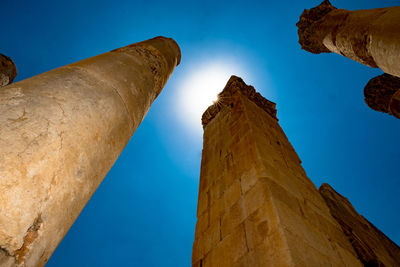 Low angle view of historic building against clear blue sky