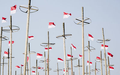 Low angle view of flags against clear sky