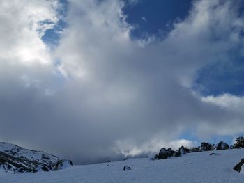 Snow covered land against sky