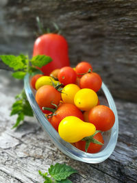 High angle view of tomatoes in container on table