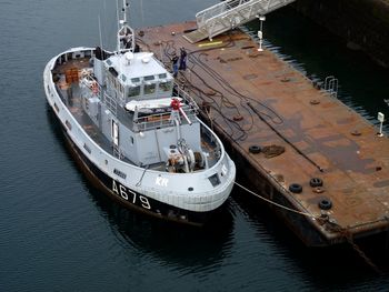 High angle view of boat moored on harbor