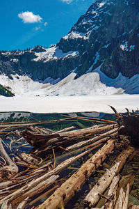 Scenic view of snow covered mountains against sky