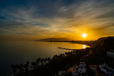 High angle view of sea against sky during sunset