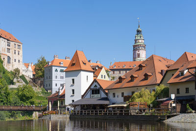 Buildings by river against clear blue sky