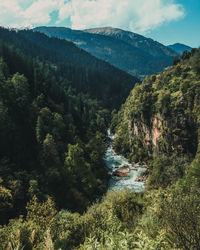 High angle view of trees and mountains against sky