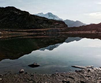 Scenic view of lake and mountains against sky