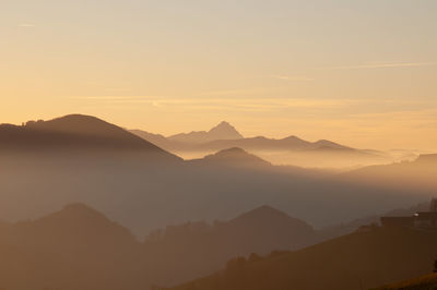 Scenic view of mountains against sky during sunset