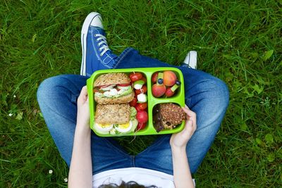 Low section of person wearing shoes on grass