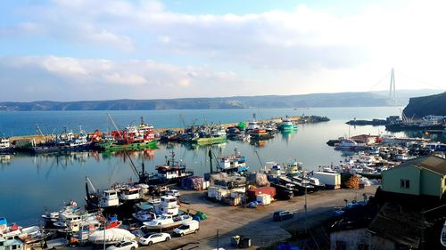 High angle view of boats moored in harbor