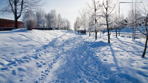 Snow covered field against sky