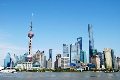 Shanghai cityscape against clear sky