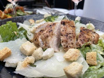 Close-up of fish served in plate on table