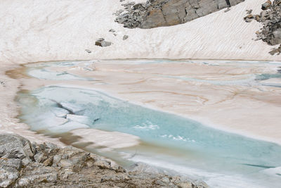 View of glacier alpine lake in the pass of monte moro during summer season, piemonte, italy