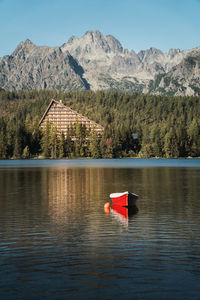 Scenic view of lake by mountain against sky