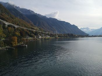 Scenic view of lake and mountains against sky