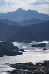 Scenic view of lake and mountains against sky