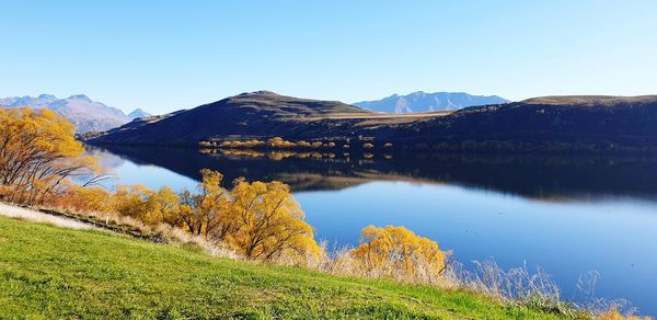 Scenic view of lake and mountains against sky