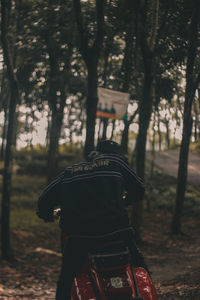 Rear view of man standing by trees in forest